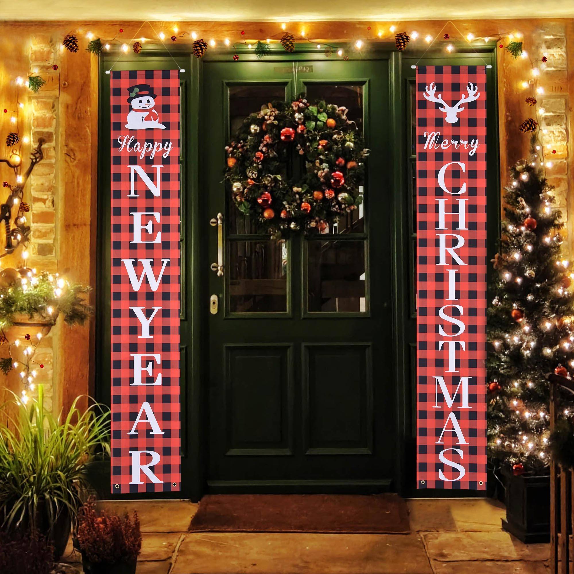 Merry Christmas Porch Banner Set – Red Buffalo Plaid Snowman & Reindeer Welcome Signs