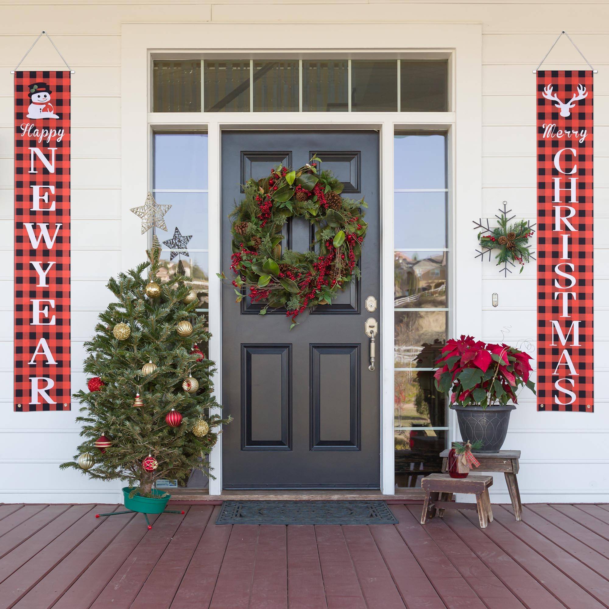 Merry Christmas Porch Banner Set – Red Buffalo Plaid Snowman & Reindeer Welcome Signs