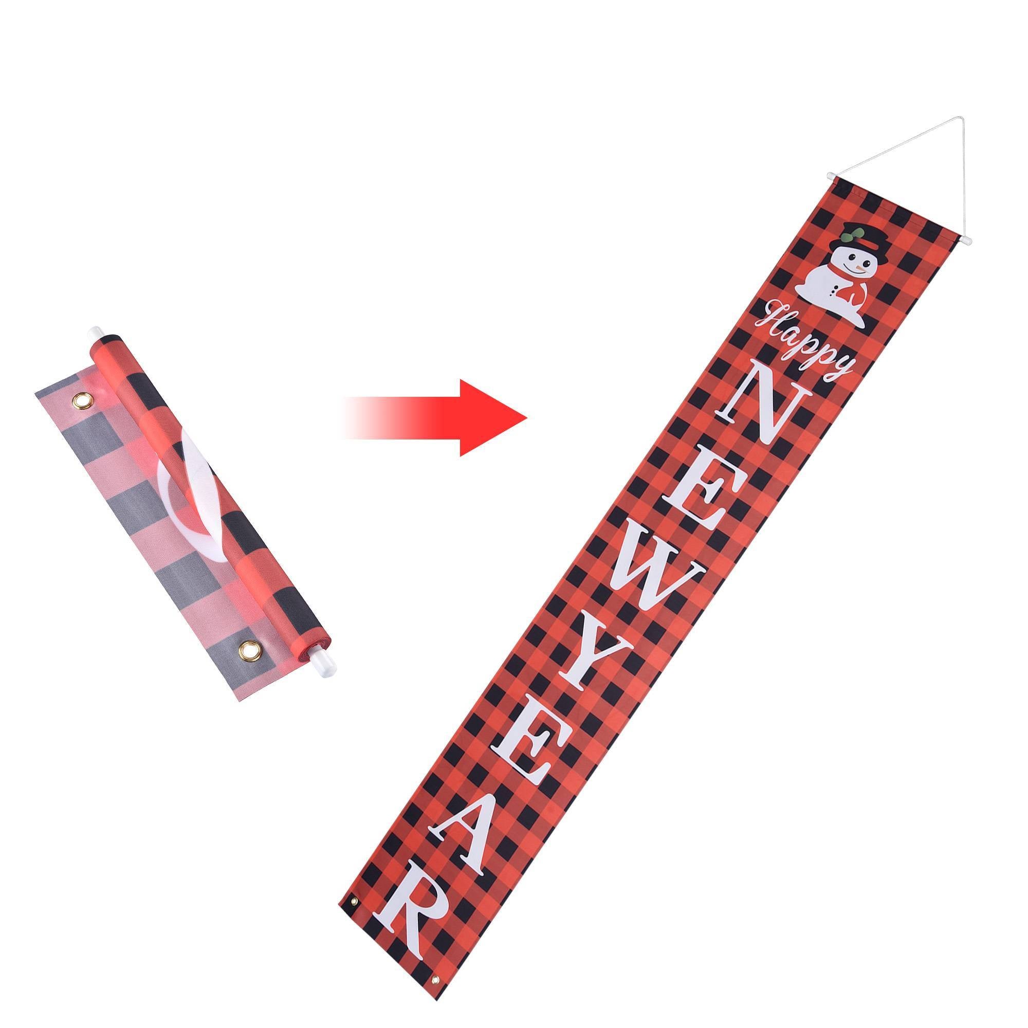 Merry Christmas Porch Banner Set – Red Buffalo Plaid Snowman & Reindeer Welcome Signs