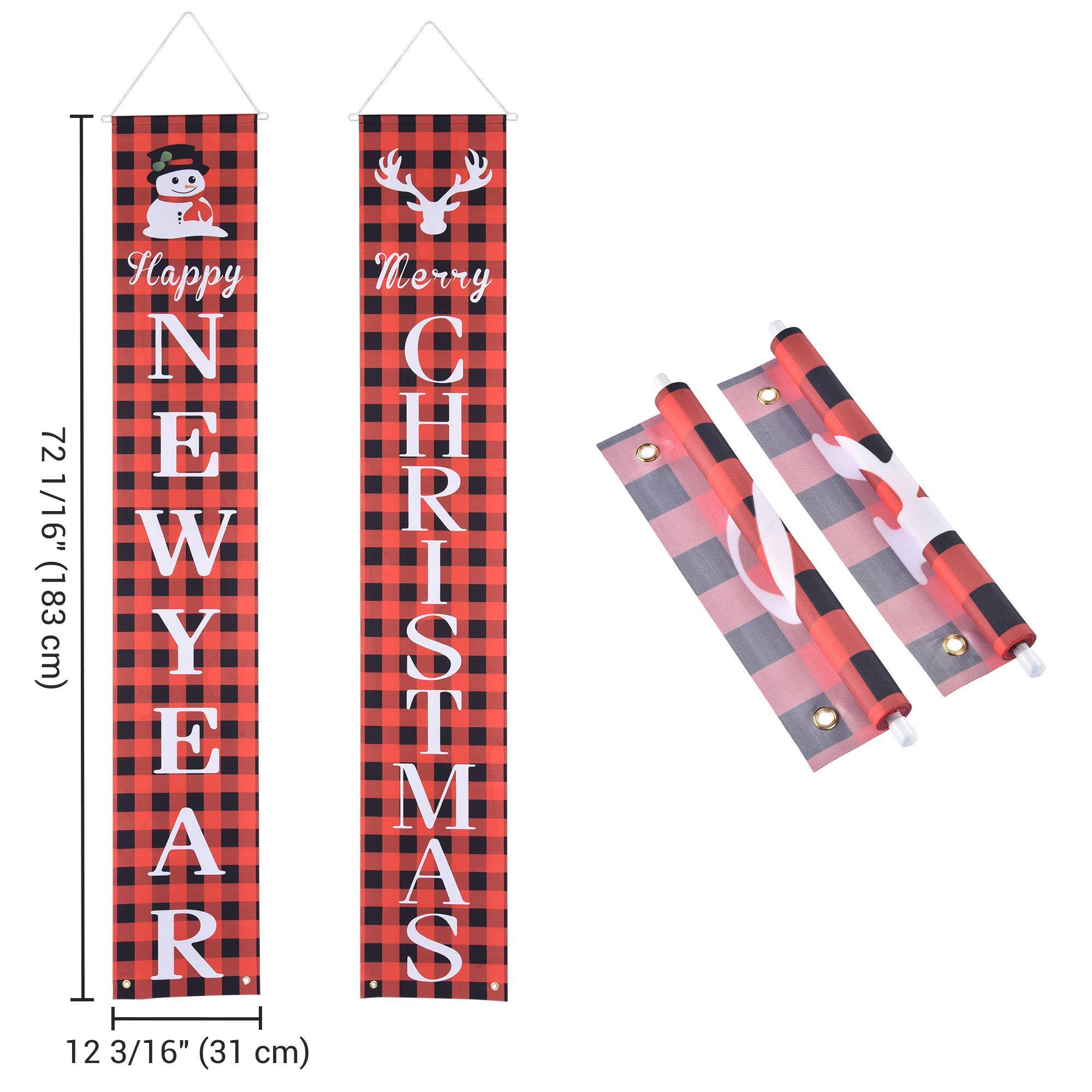 Merry Christmas Porch Banner Set – Red Buffalo Plaid Snowman & Reindeer Welcome Signs