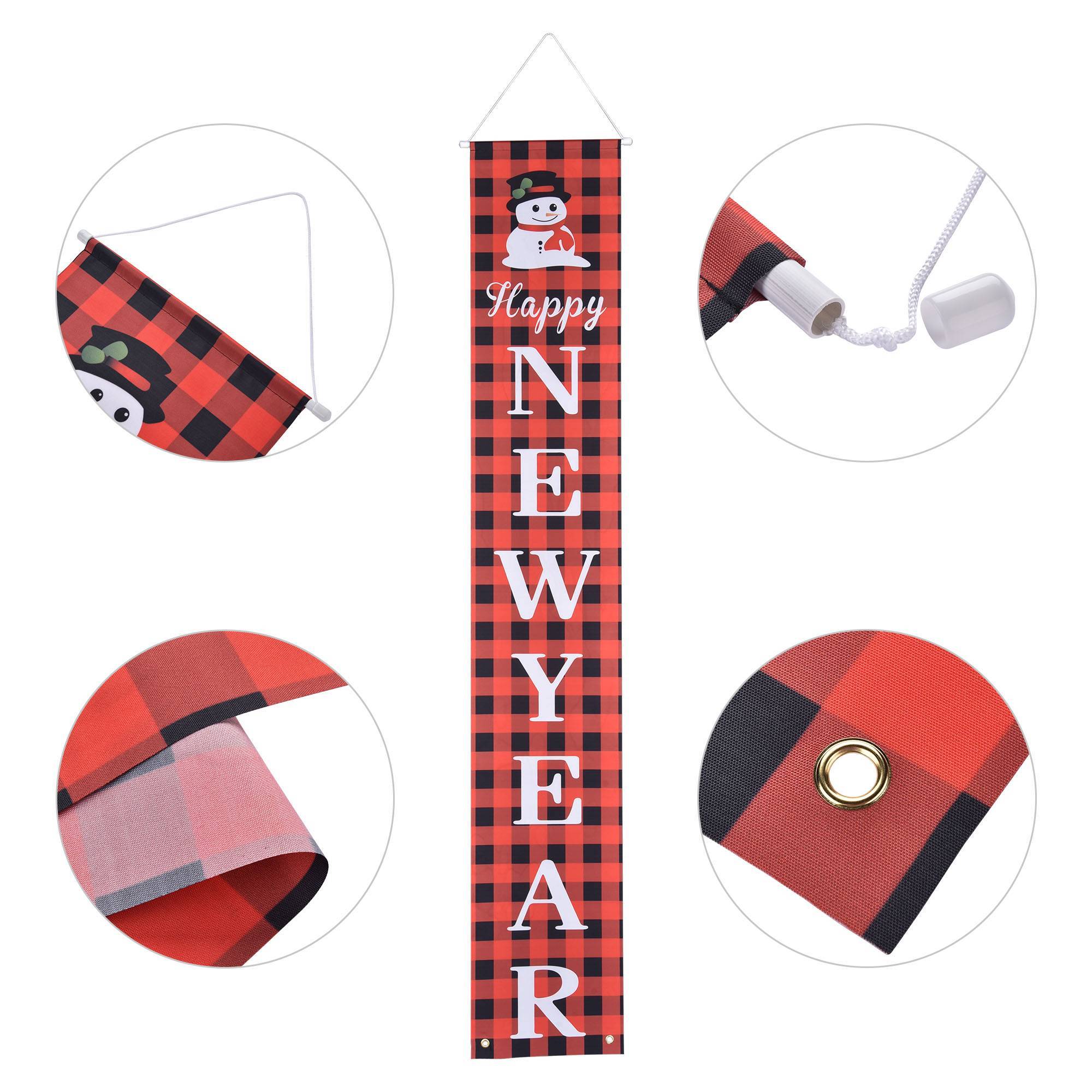 Merry Christmas Porch Banner Set – Red Buffalo Plaid Snowman & Reindeer Welcome Signs