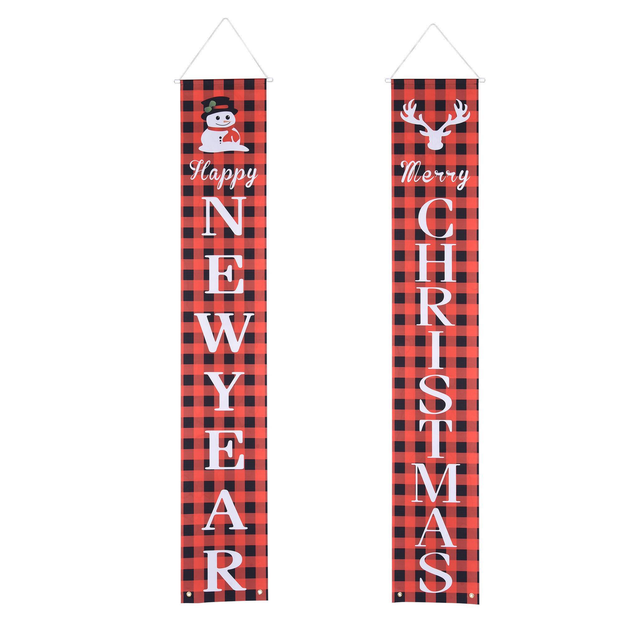 Merry Christmas Porch Banner Set – Red Buffalo Plaid Snowman & Reindeer Welcome Signs