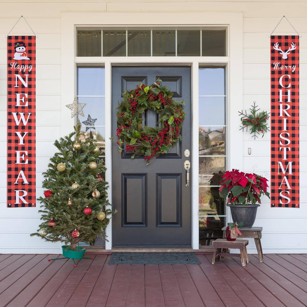 Merry Christmas Porch Banner Set – Red Buffalo Plaid Snowman & Reindeer Welcome Signs