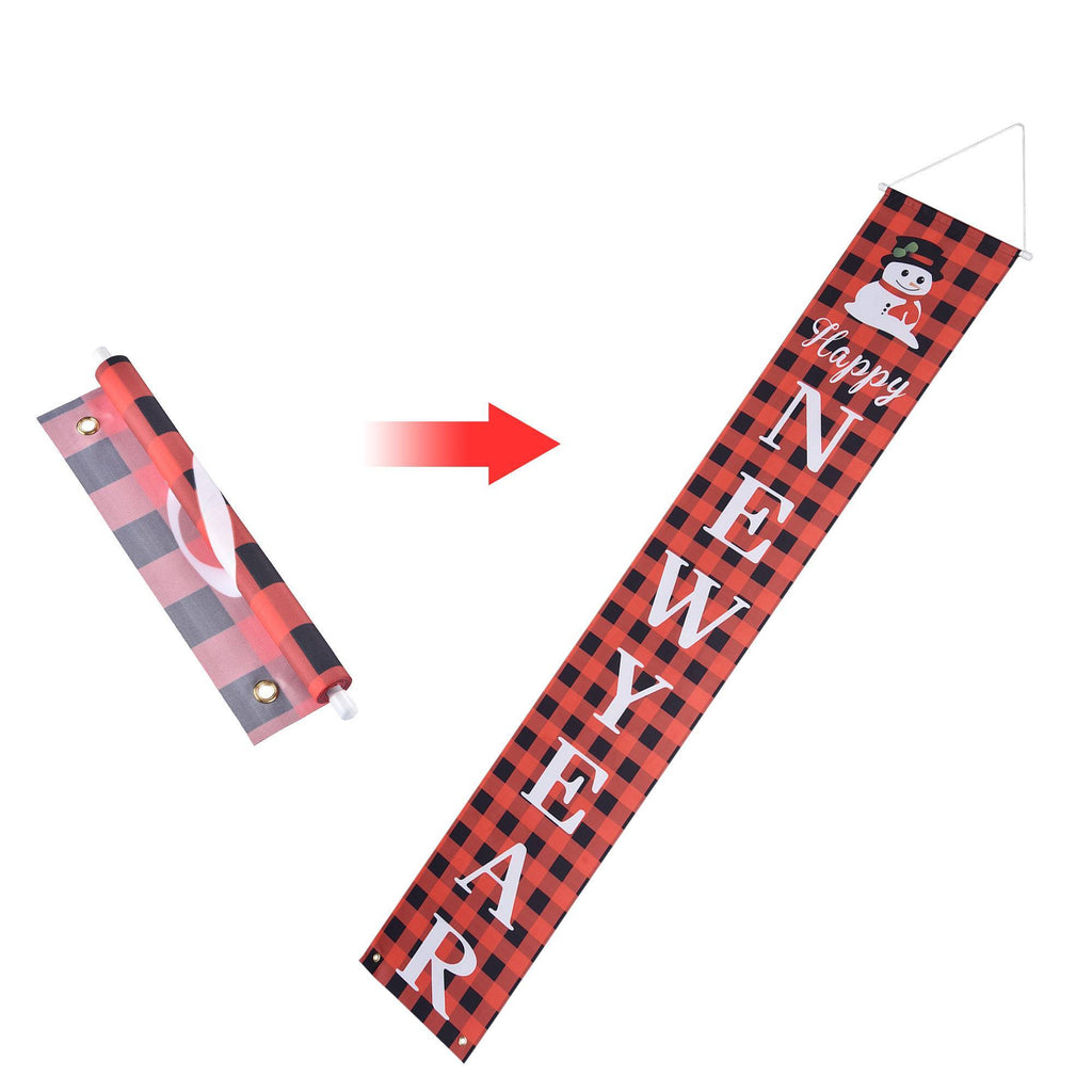 Merry Christmas Porch Banner Set – Red Buffalo Plaid Snowman & Reindeer Welcome Signs